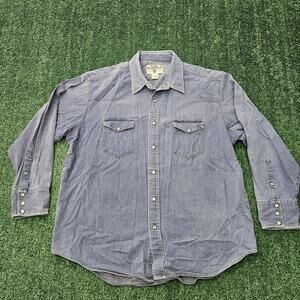 VTG 90s Wrangler Rugged Wear Pearl Snap Western Cowboy Denim Shirt XL Workwear